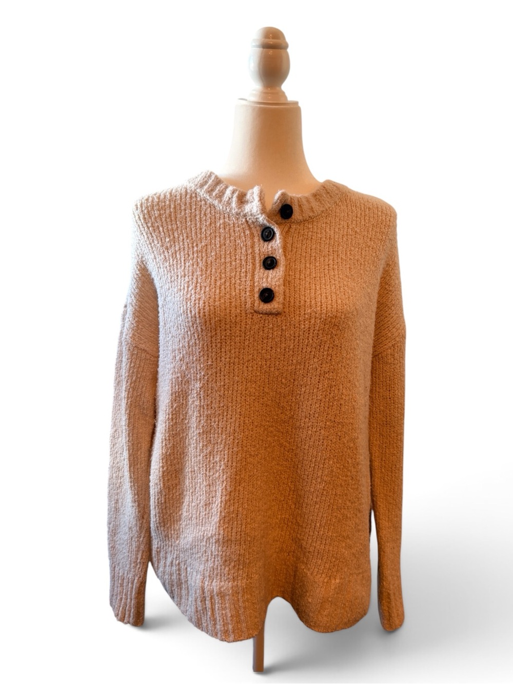 American Eagle Outfitters Camel Button-Neck Knit Sweater